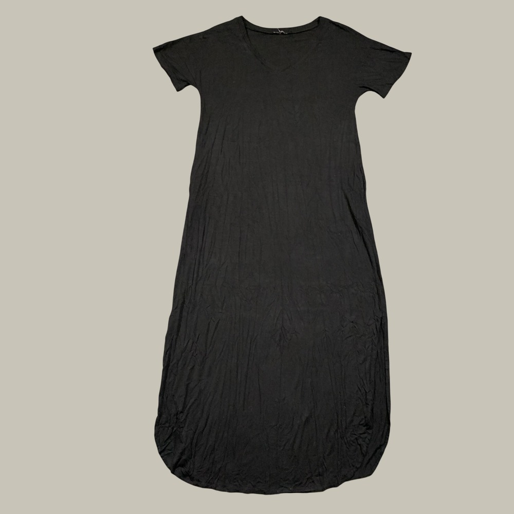 Black Maxi Dress Size Large V-Neck Short Sleeve Pockets Side Slit Stretch